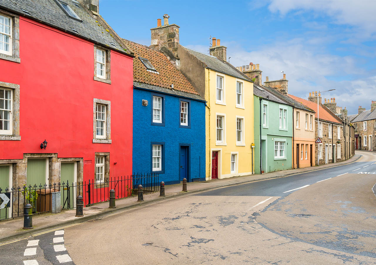 A quaint street of colourful houses in Anstruther Scotland