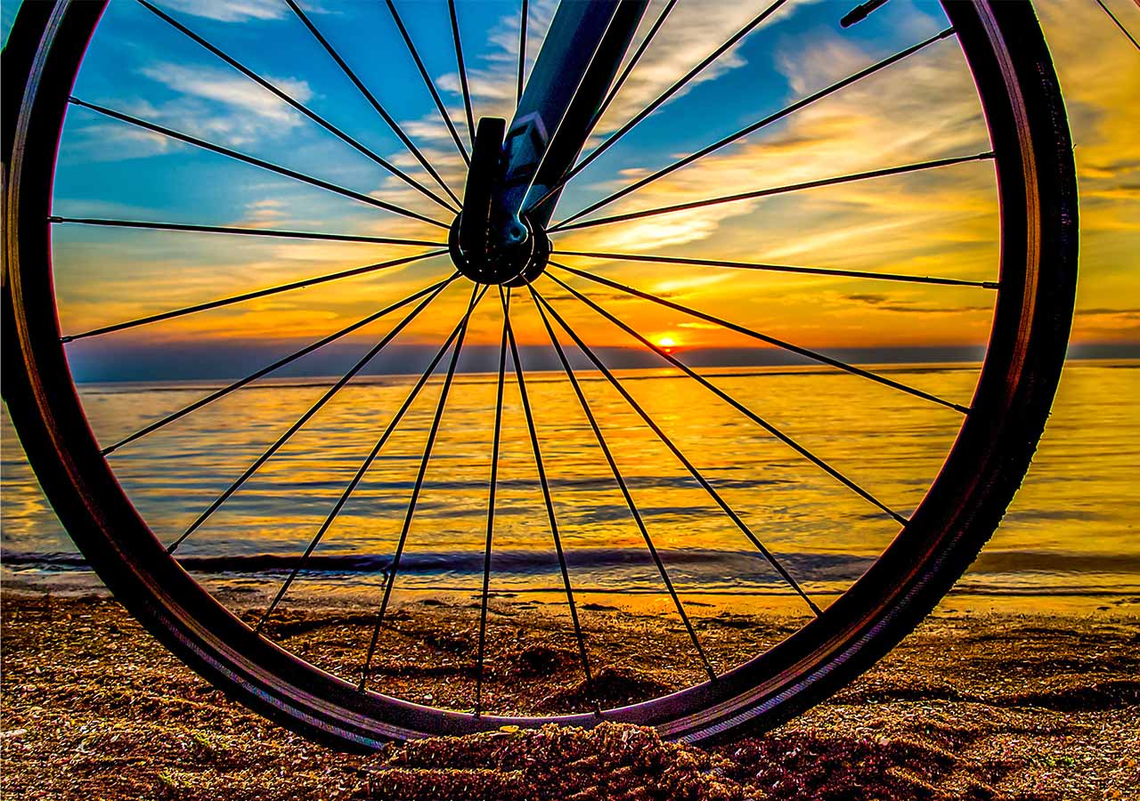 A close up of a bikes wheels