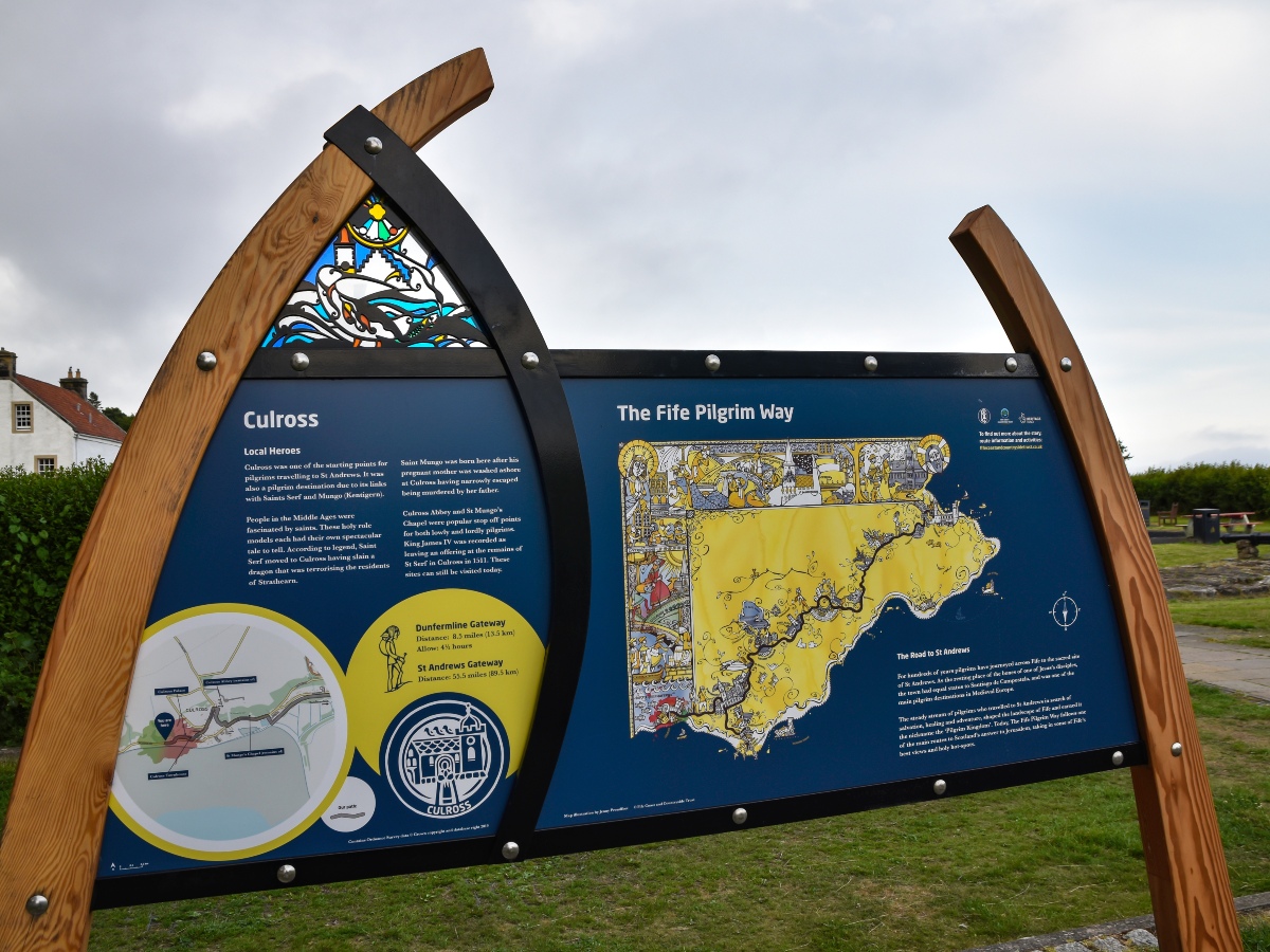 Sign and map detailing the Pilgrims Way starting at Culcross