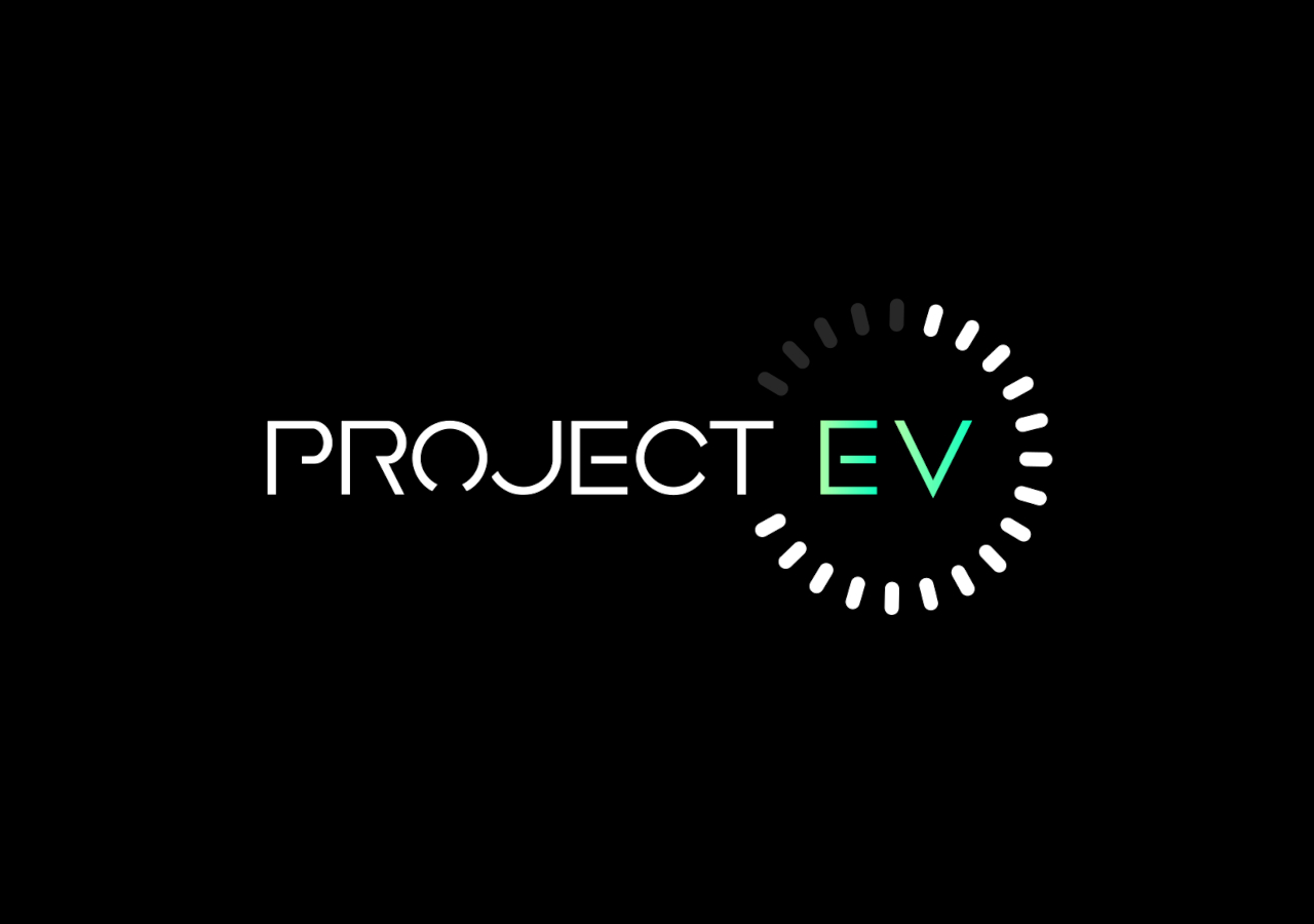 White and green Project EV logo on black background