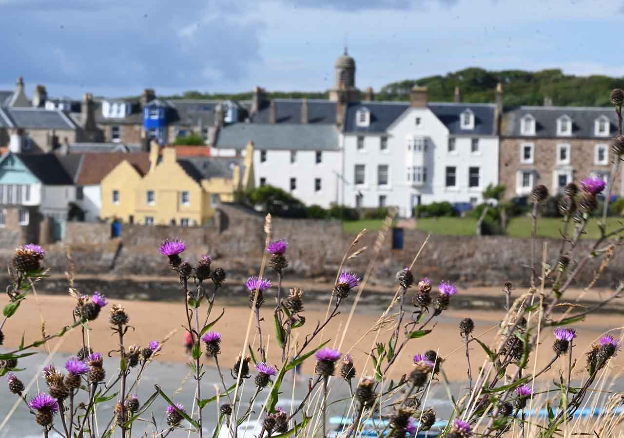 Old colourful buildings alongside the beach at Elie.