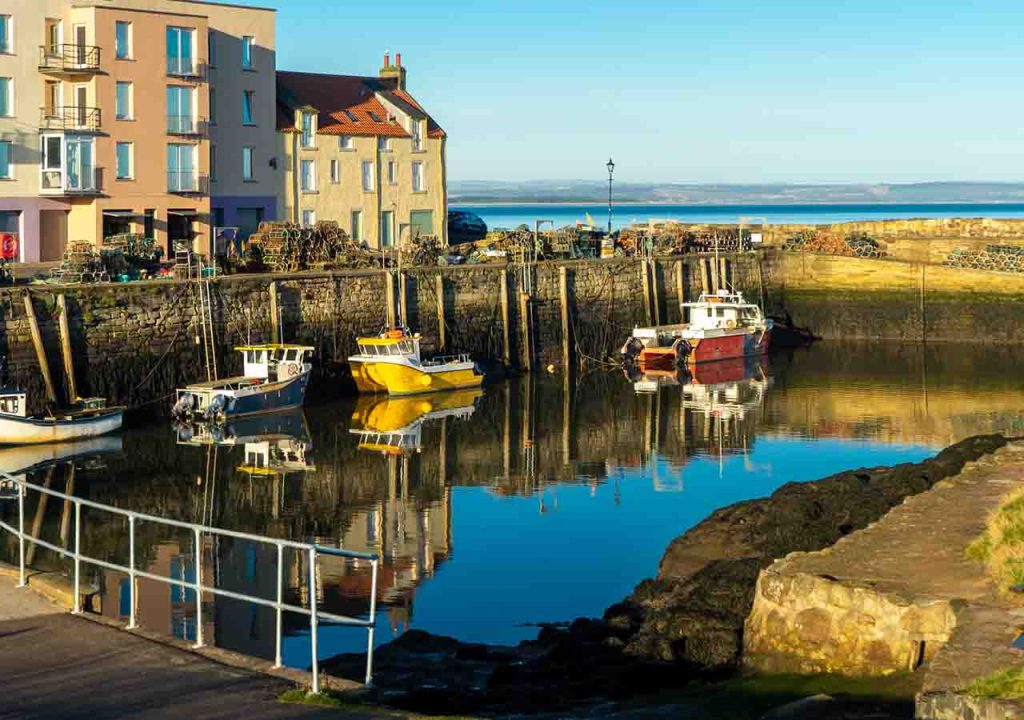 St Andrews harbour on a bright and sunny morning.